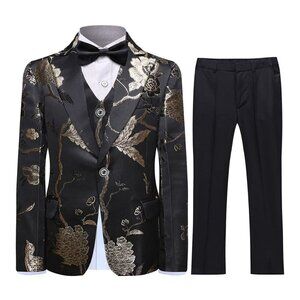 SWOTGdoby Boys Gold Paisley Floral Suit Tuxedo Slim Fit Embroidery 3 Pieces Suit